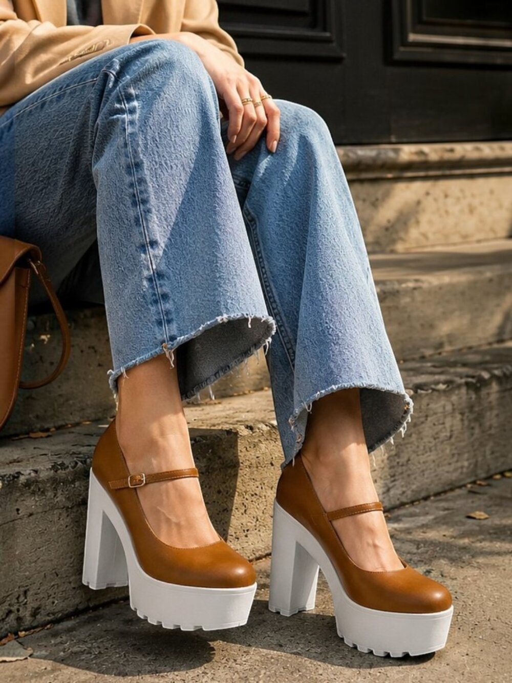Shoe Republic Two-Tone Lug Sole Chunky Heel Platform Mary Janes Pumps - Picture 5 of 8